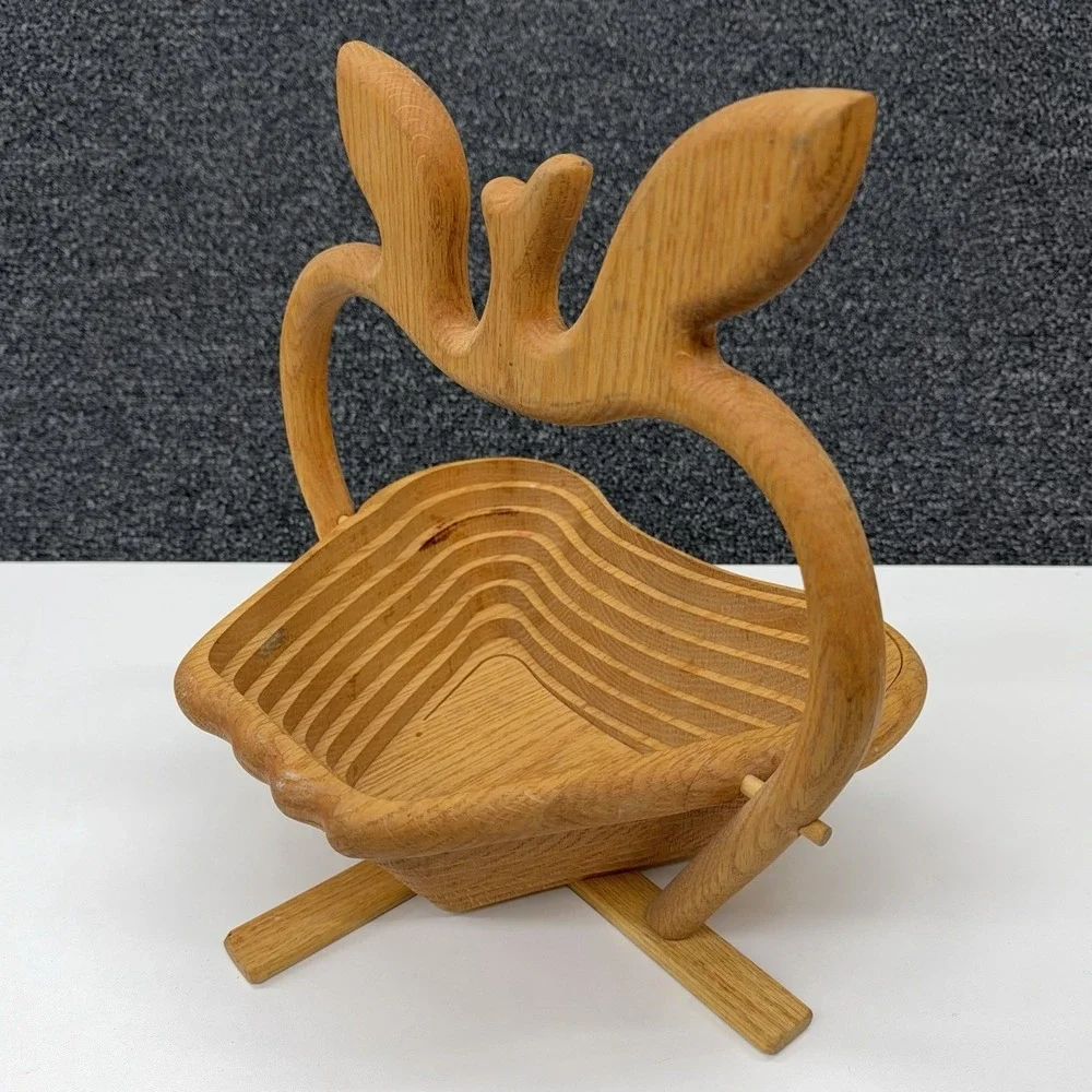 Collapsible Wooden Apple Fruit Bowl Basket Stand‎ Handle Rustic Farmhouse Decor